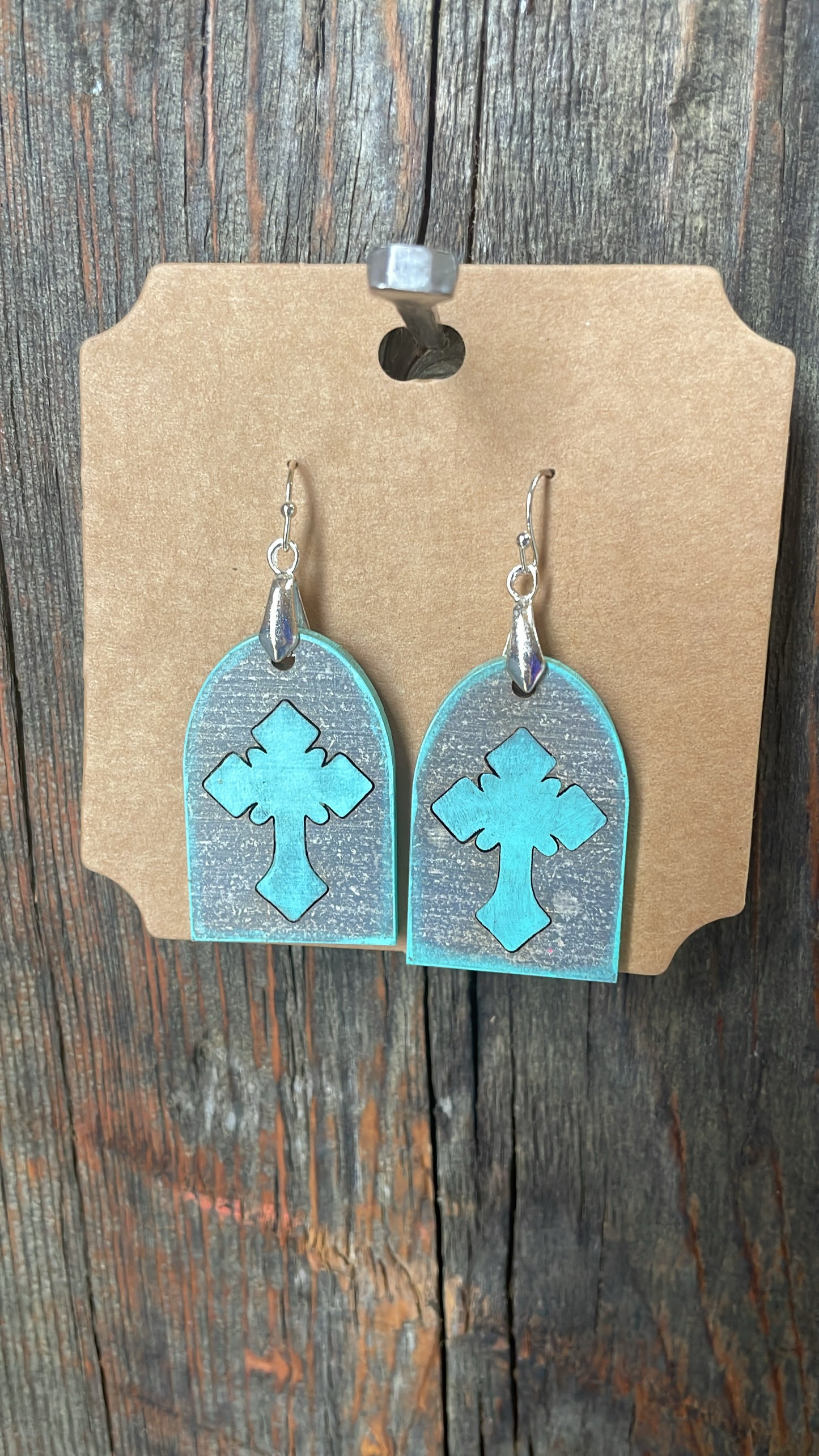 GH Earrings - Laser Cut Wood - Teal Crosses