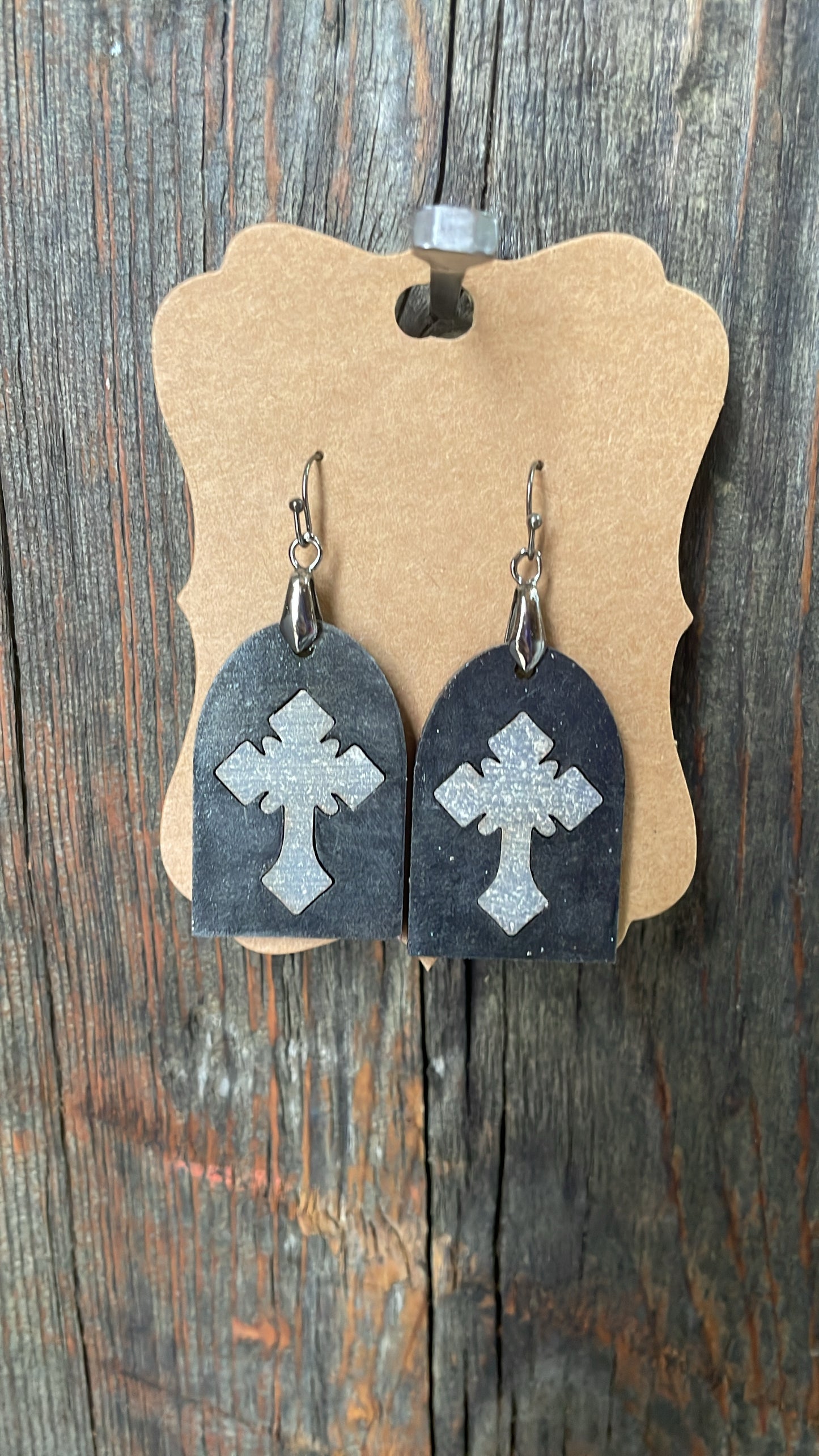 GH Earrings - Laser Cut Wood - Grey Crosses