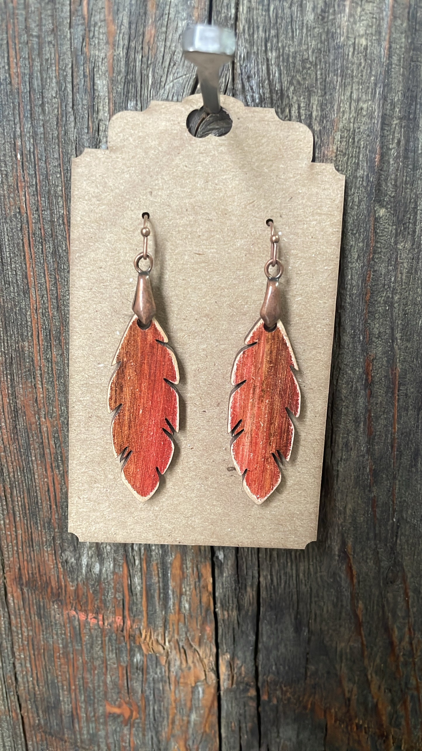 GH Earrings - Laser Cut Wood - Warm Orange Feathers
