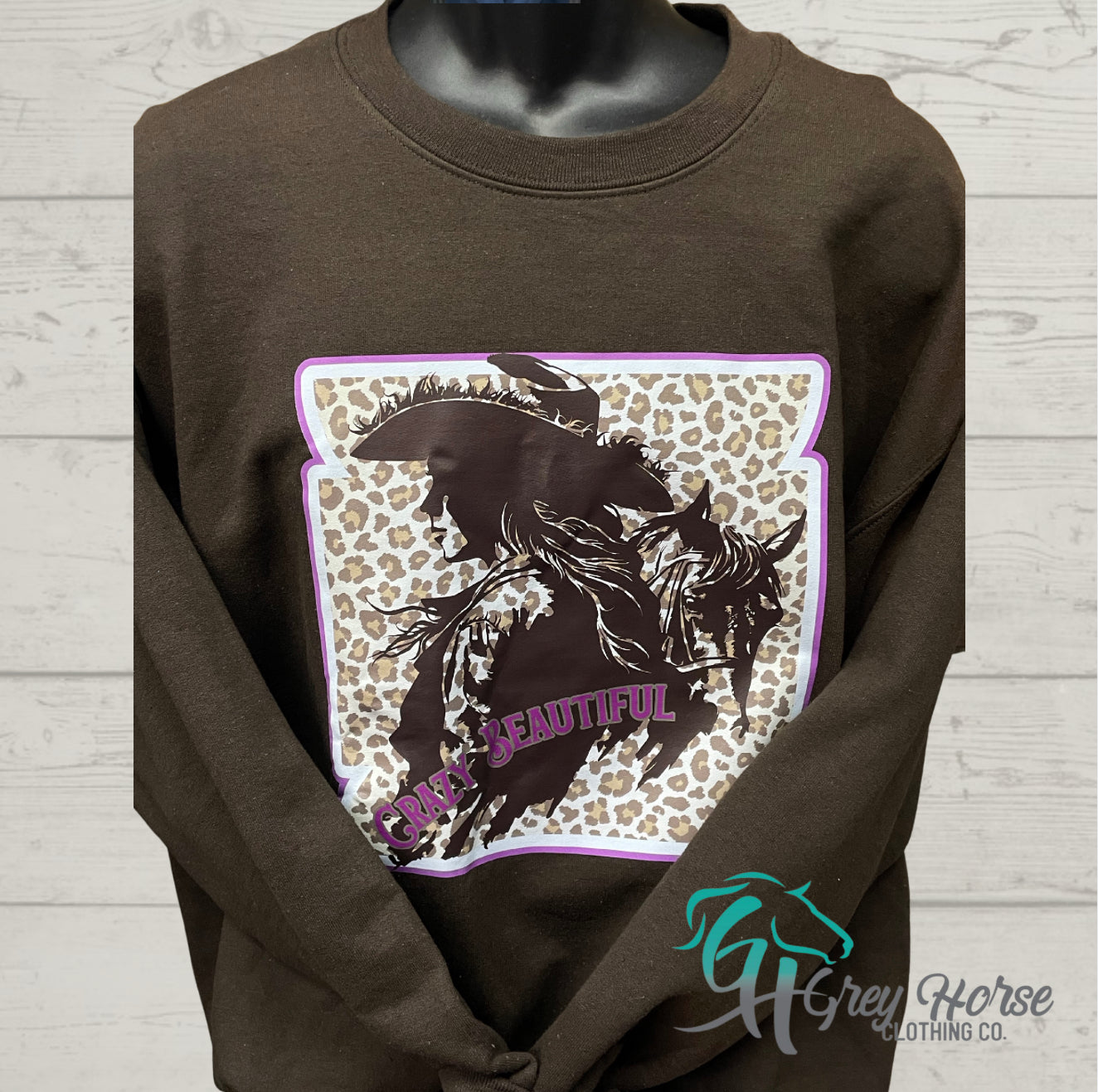 GH Adult Crewneck - Brown, Leopard Crazy Beautiful