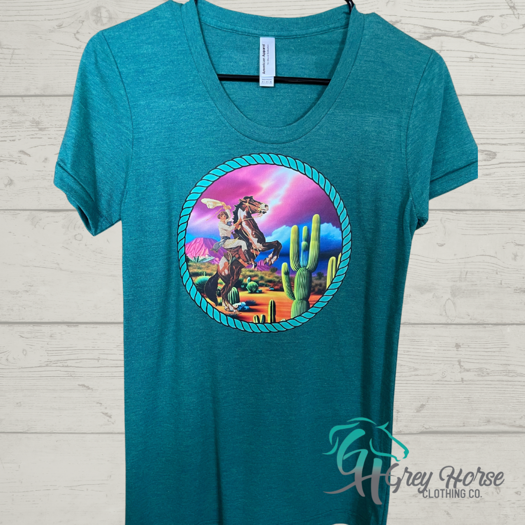 GH Adult Tshirt - M Teal, Colorful Desert Cowgirl