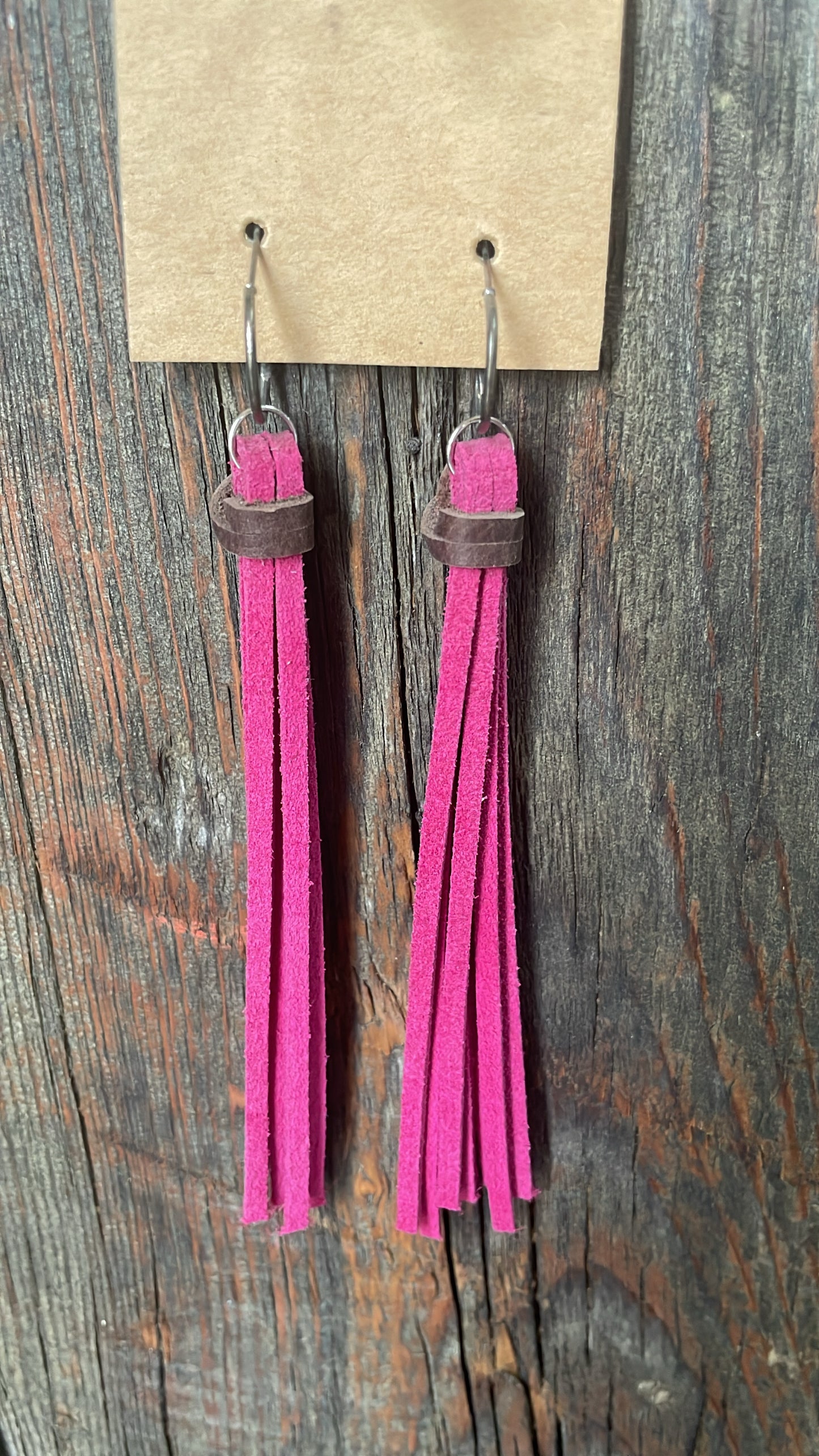 GH Earrings - Handcut Leather - Hoops, Pink w Brown