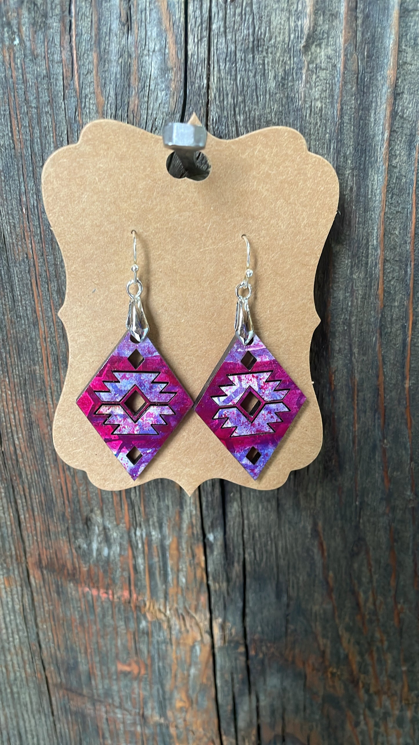 GH Earrings - Laser Cut Wood - Purple Aztec Diamonds