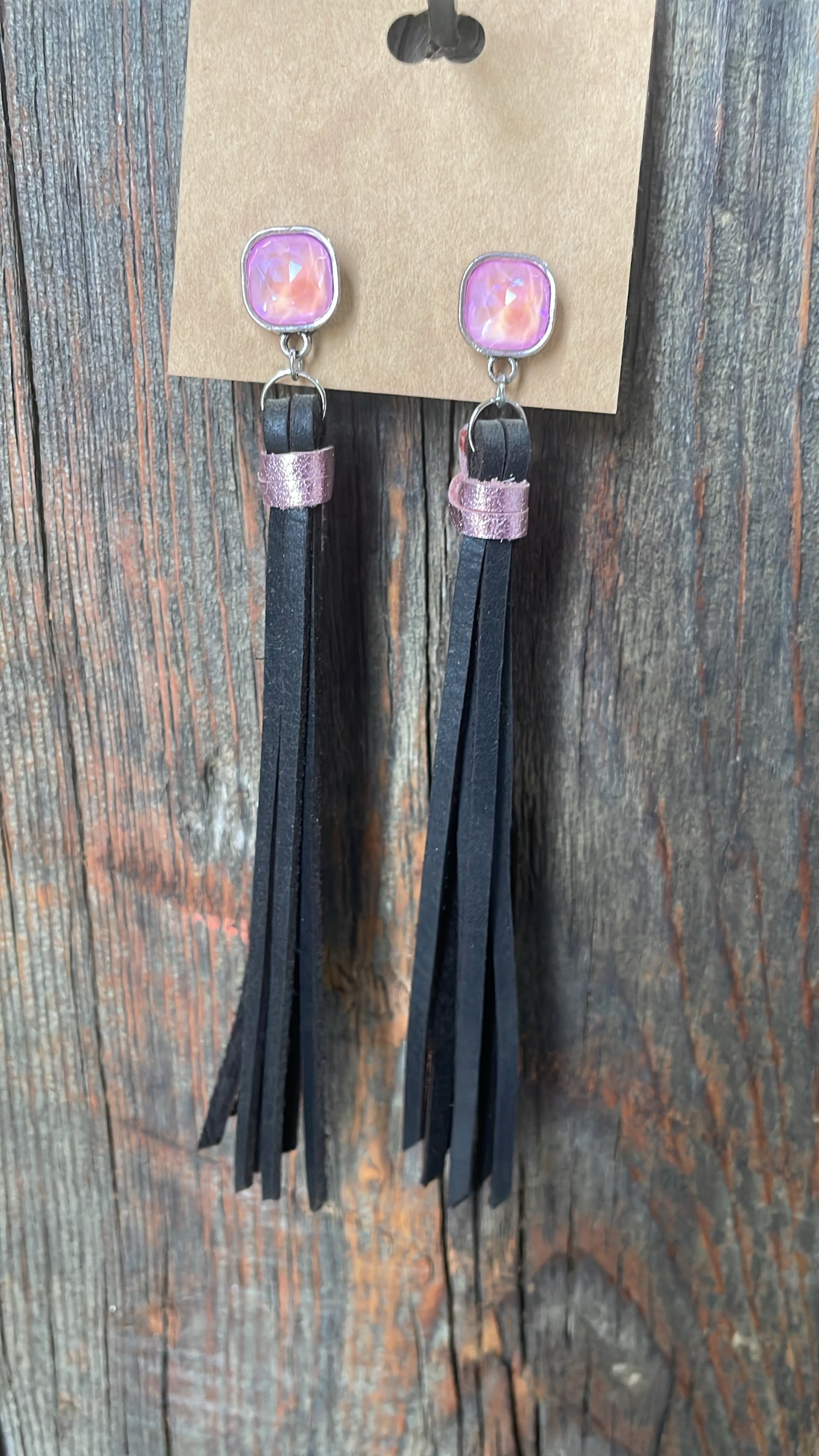 GH Earrings - Handcut Leather - Pink Gem Posts, Black & Sparkle Pink