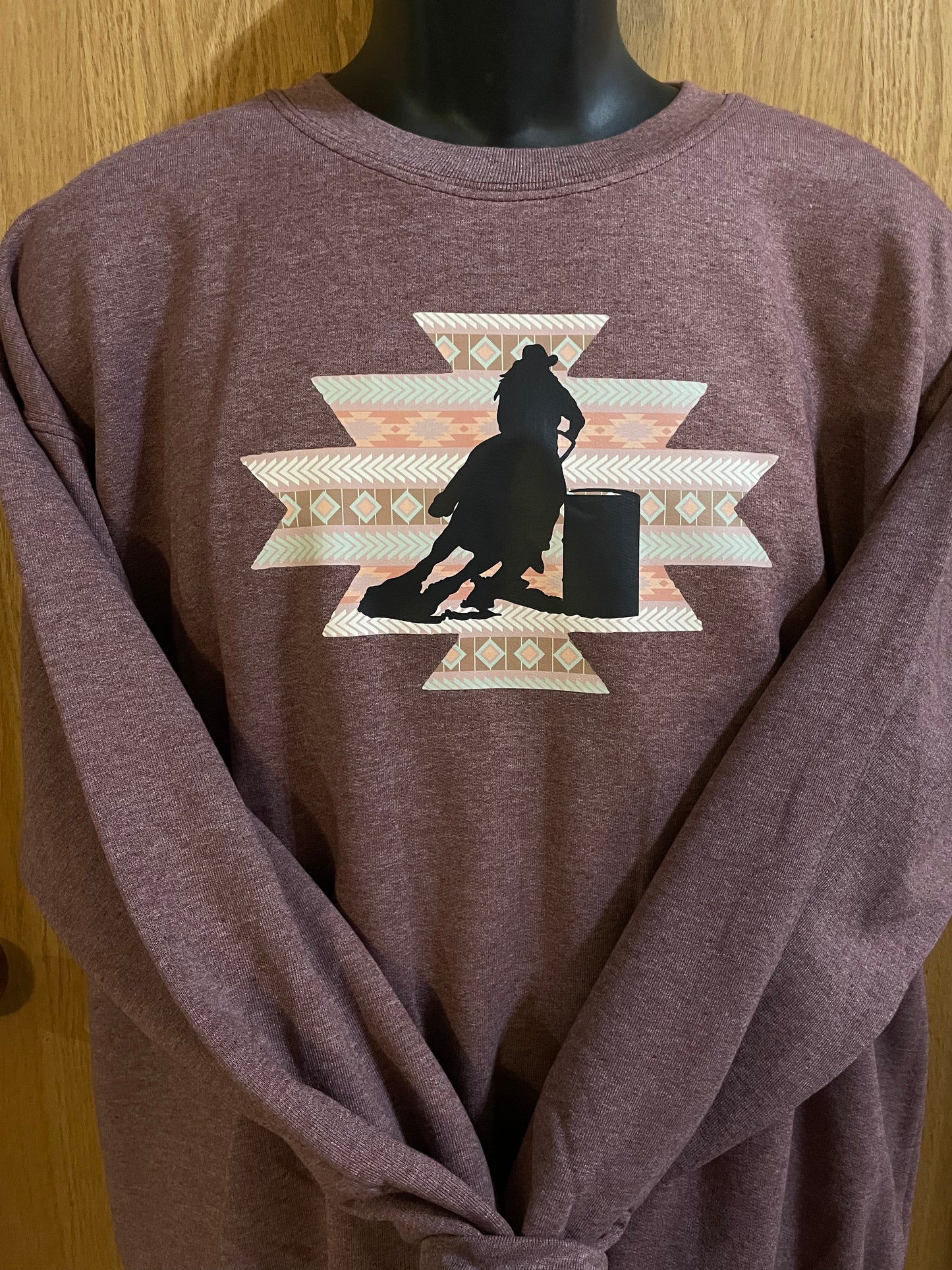 GH Adult Crewneck - Burgundy Heather, Pale Aztec Barrel Racer