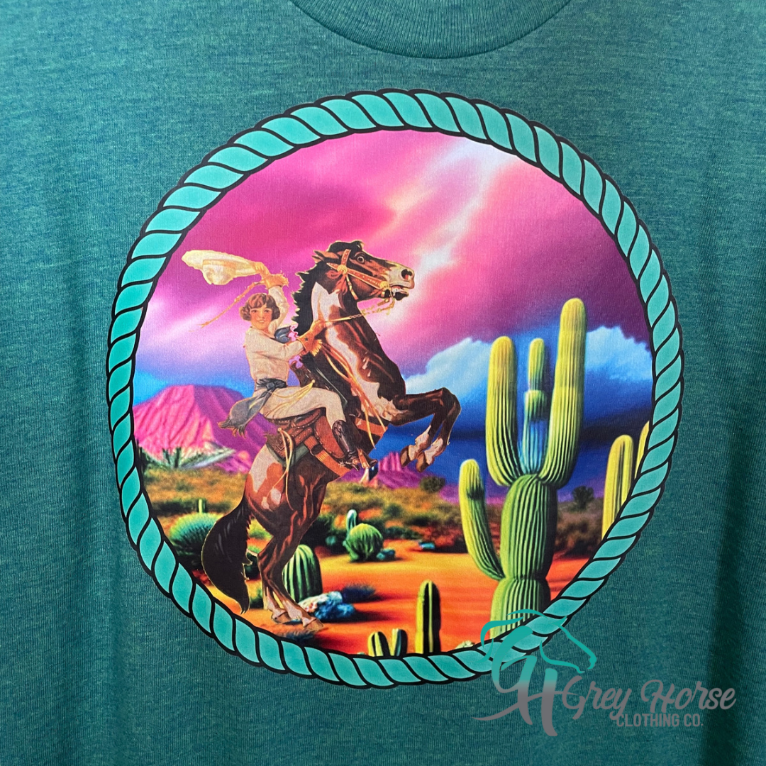 GH Adult Tshirt - M Teal, Colorful Desert Cowgirl