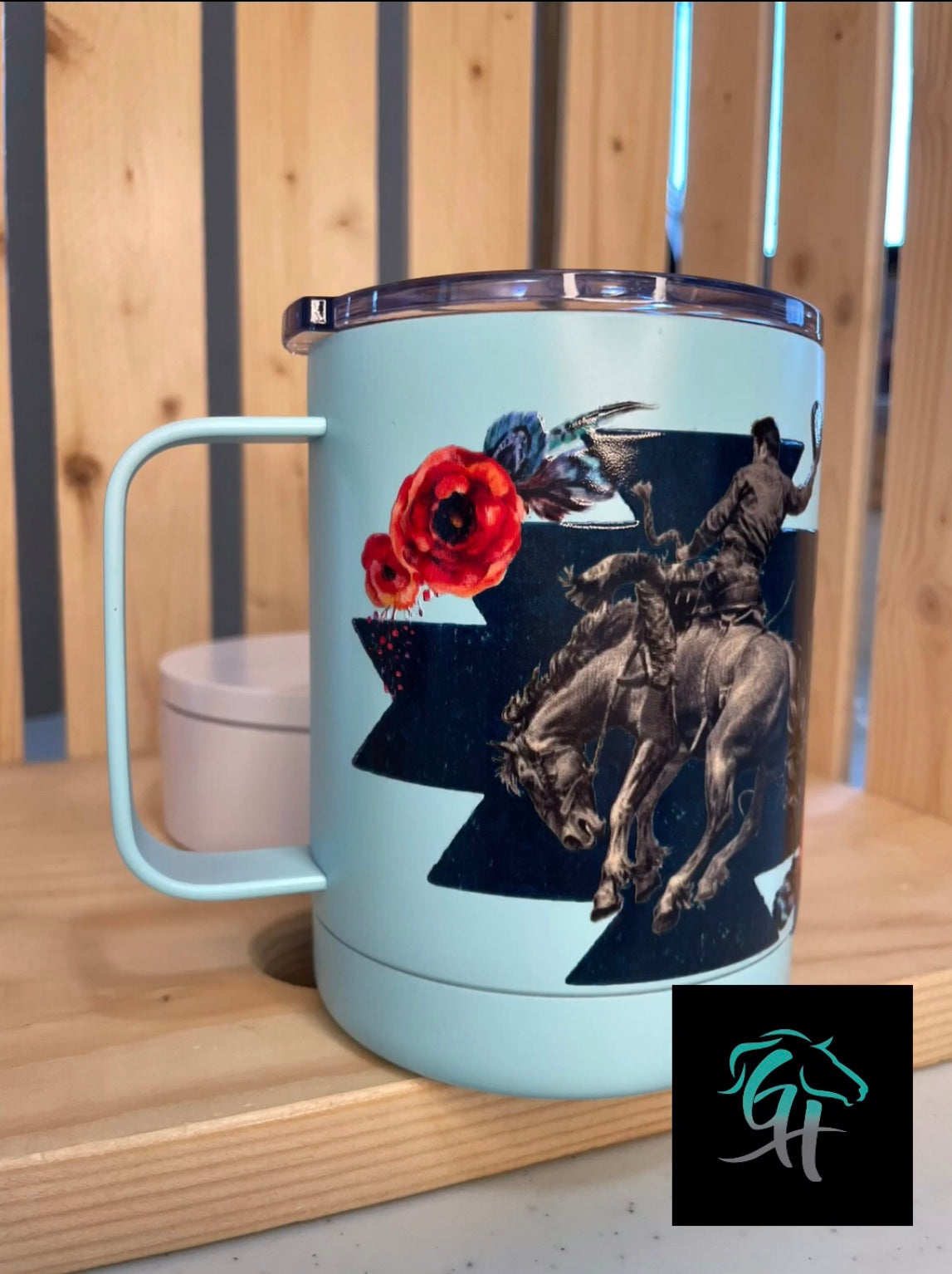 GH 12oz Travel Mug - Teal - Vintage Bronc and Roses