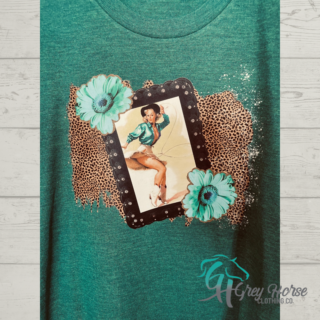 GH Adult Tshirt - M Teal, Leopard Print Pinup Cowgirl