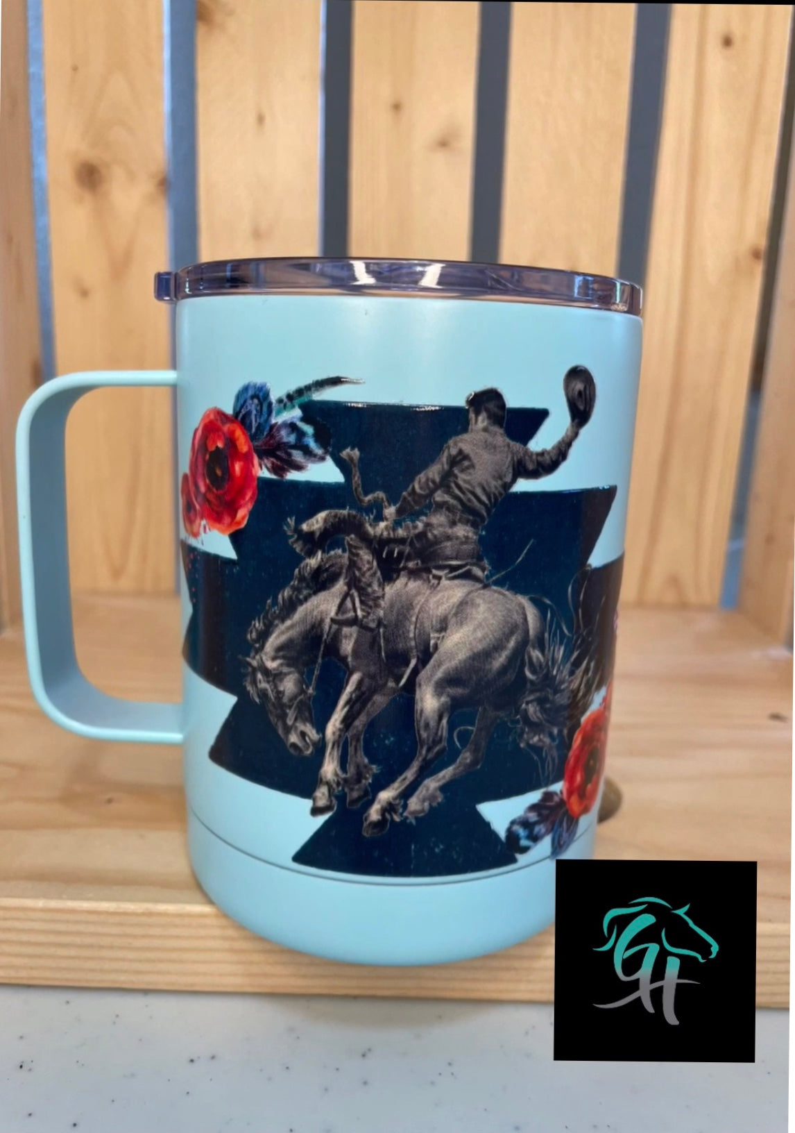 GH 12oz Travel Mug - Teal - Vintage Bronc and Roses