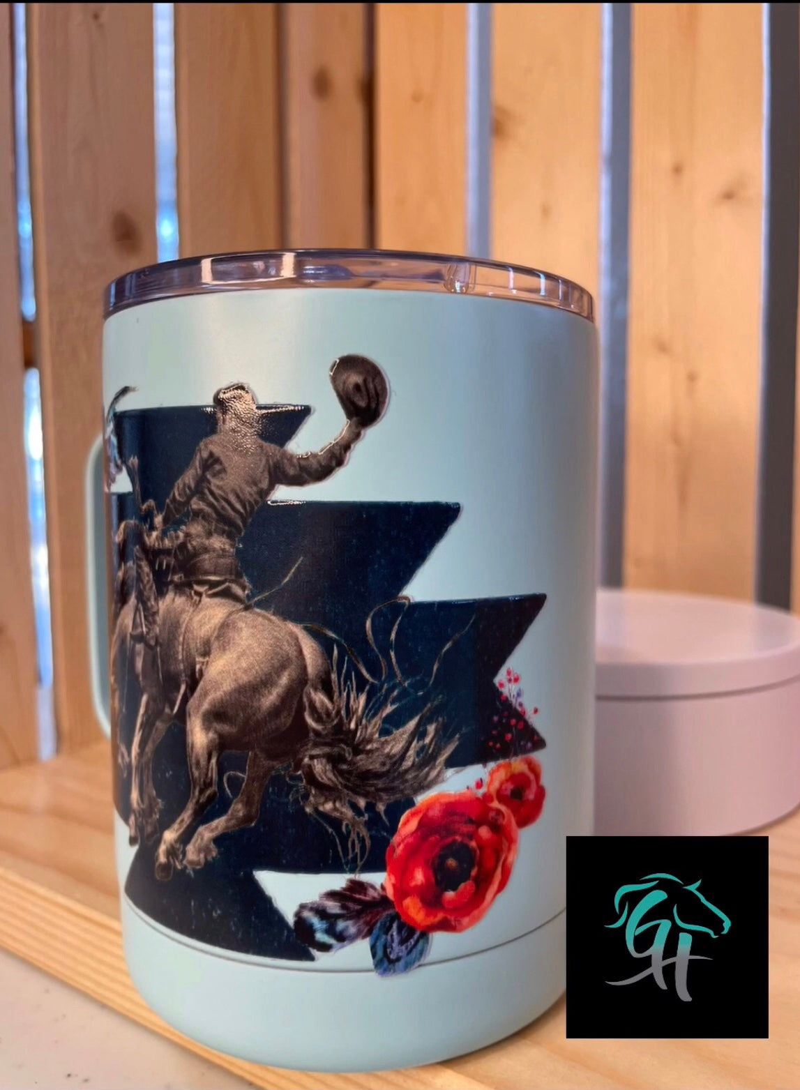 GH 12oz Travel Mug - Teal - Vintage Bronc and Roses