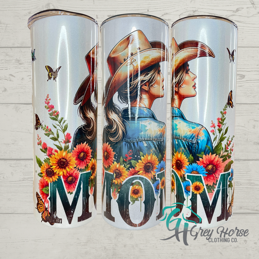 GH 20oz Skinny Tumbler - White Shimmer - Butterfly Cowgirl Mama