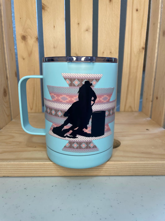 GH 12oz Travel Mug - Teal - Pink Aztec Barrel Racer