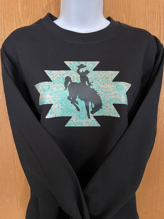 GH Adult Crewneck - XS Black, Teal Bronc