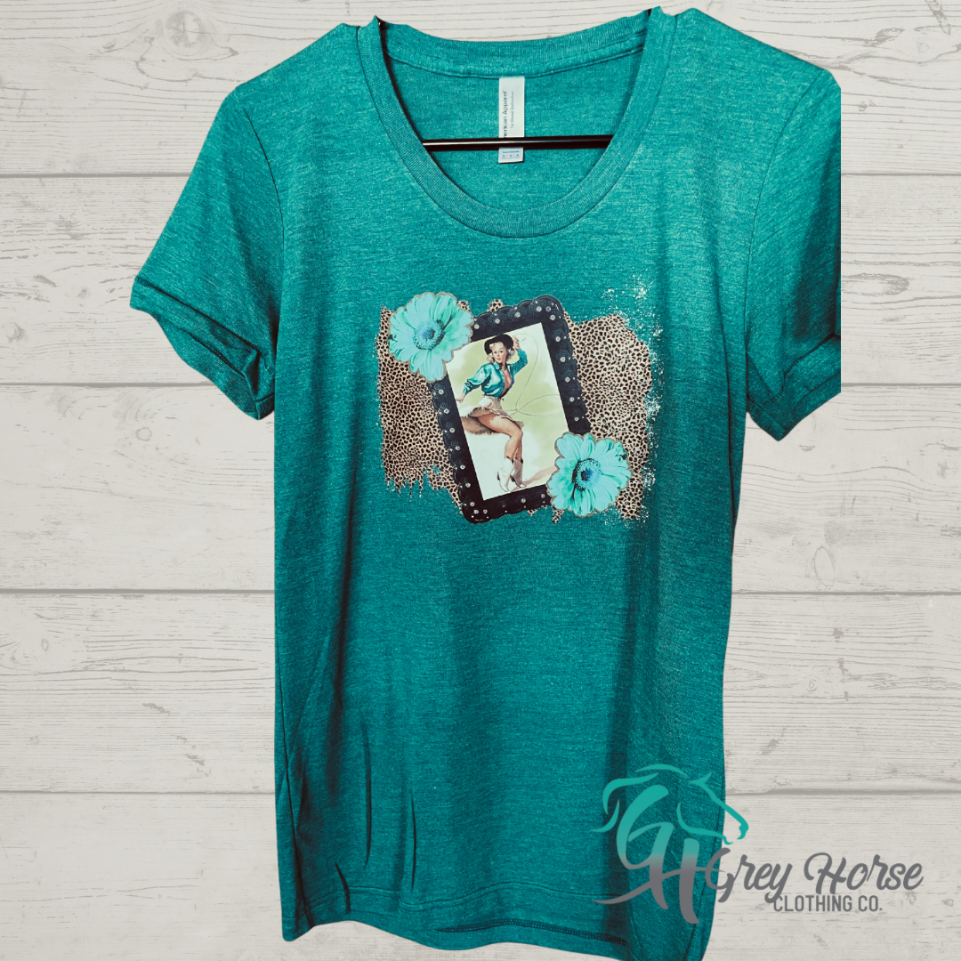 GH Adult Tshirt - M Teal, Leopard Print Pinup Cowgirl