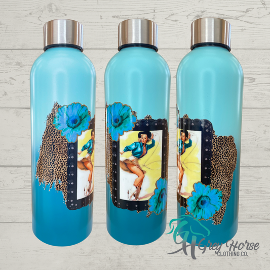 GH 17oz Water Bottle - Blue Teal - Leopard Pin Up Cowgirl