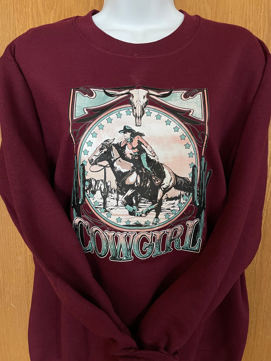 GH Adult Crewneck - S Burgundy, Cowgirl