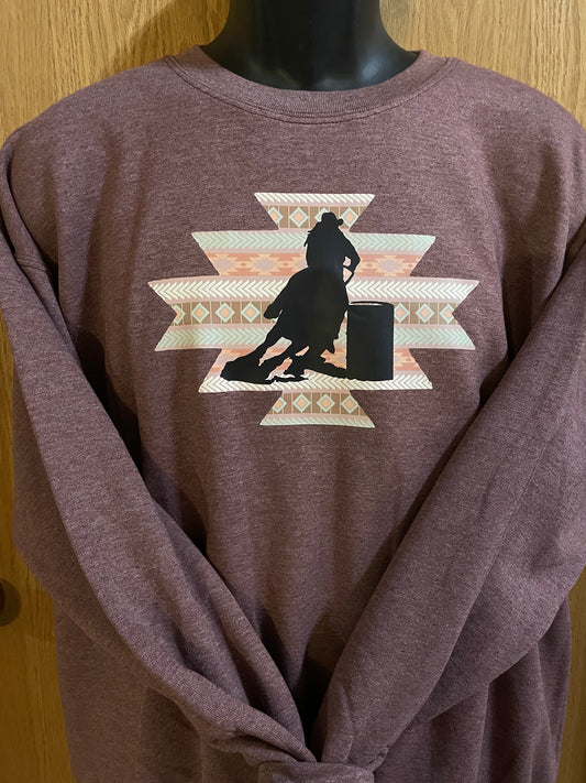 GH Adult Crewneck - Burgundy Heather, Pale Aztec Barrel Racer
